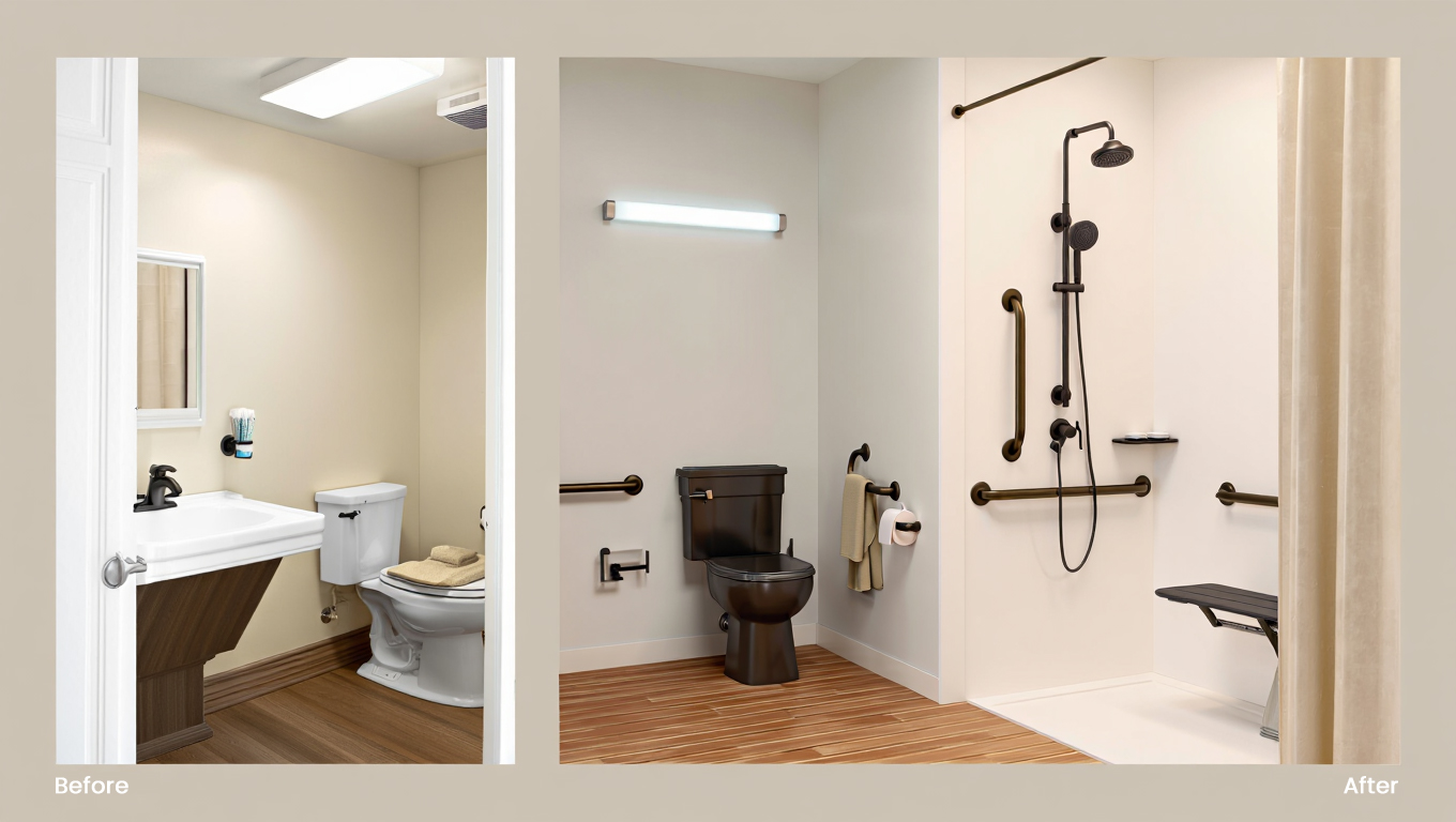 a before and after bathroom remodel focusing on accessibility improvements