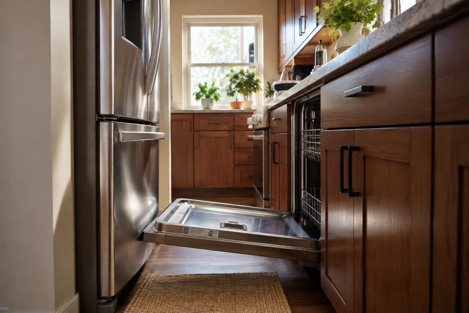 Kitchen layout planning showing the work triangle between sink, stove, and refrigerator
