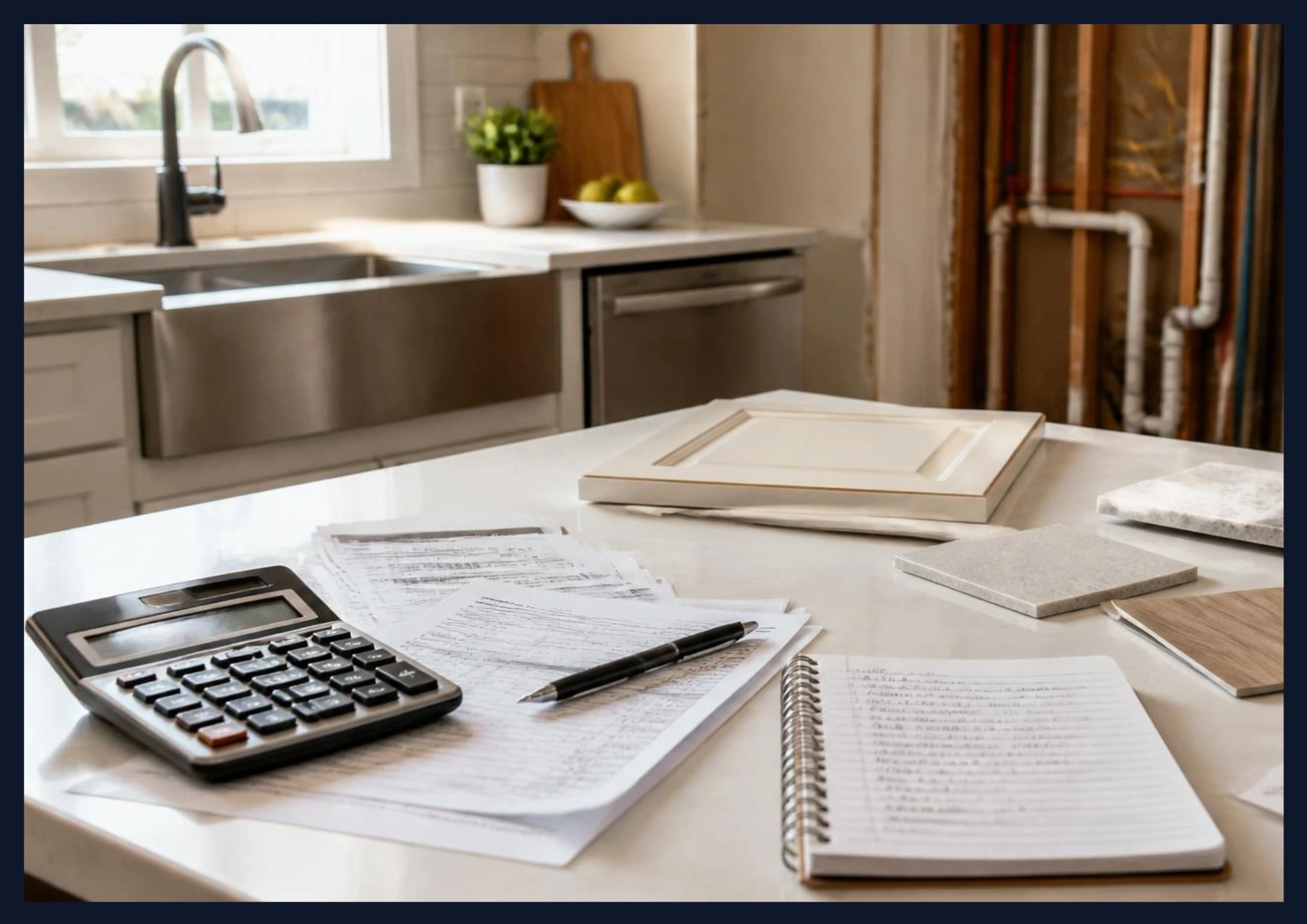 Kitchen remodel budget planning with calculator, cost estimates, and material samples