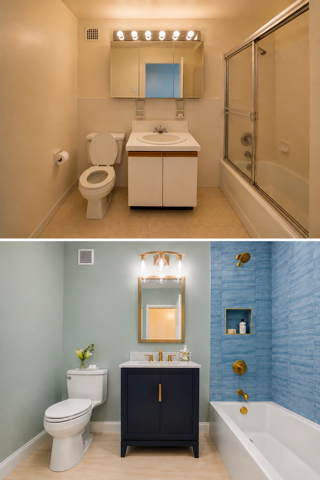 Before and after of a small bathroom remodeling by Keen Improvements showcasing updated fixtures, vanity, tile, shower, and finishes.